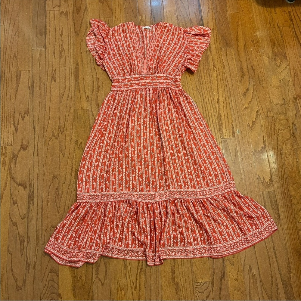 Max Studio Red Floral Puff Sleeve Tiered Midi Boho Summer Dress Size L - Picture 2 of 8